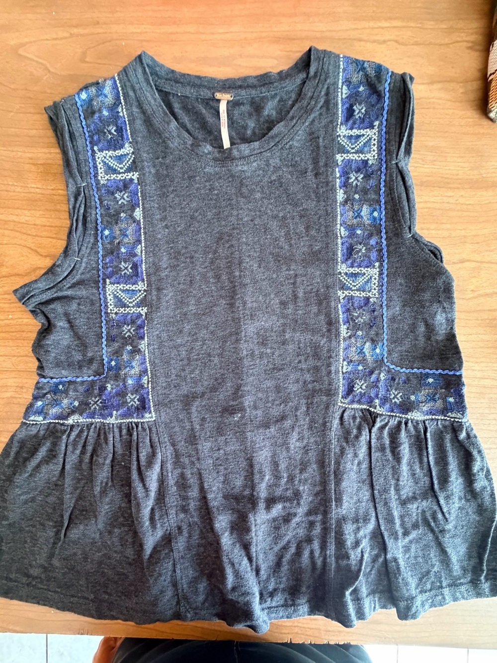 Free People Charcoal Sleeveless Embroidered Peplum Tank with Blue Accents